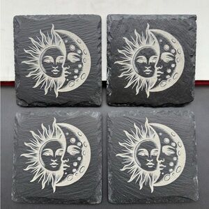 Sun and Moon Slate Coasters - Black and White Set of 4 Laser Engraved Celestial
